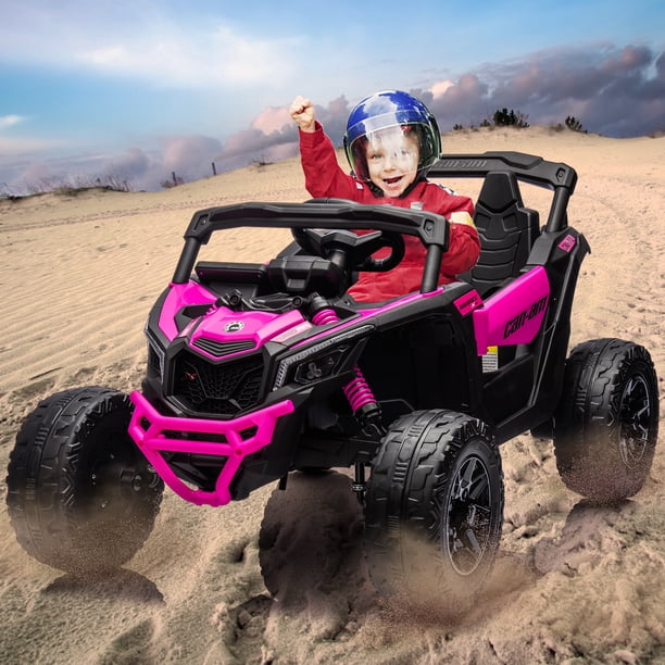 Coche eléctrico infantil UTV Can-Am con control remoto - Asiento grandeza tamaño - Luces LED - Suspensión de resorte - Música - 12V - Para niños y niñas - Vehículo de juguete biplaza - Color rose Red