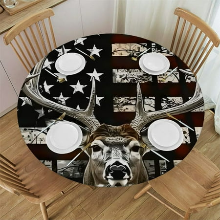 

SHERONV Deer American Flag Digital Art Round Tablecloth Stain Resistant Washable Indoor Outdoor Kitchen Dining Wedding Parties 100% Polyester Waterproof Fabric 46 -50