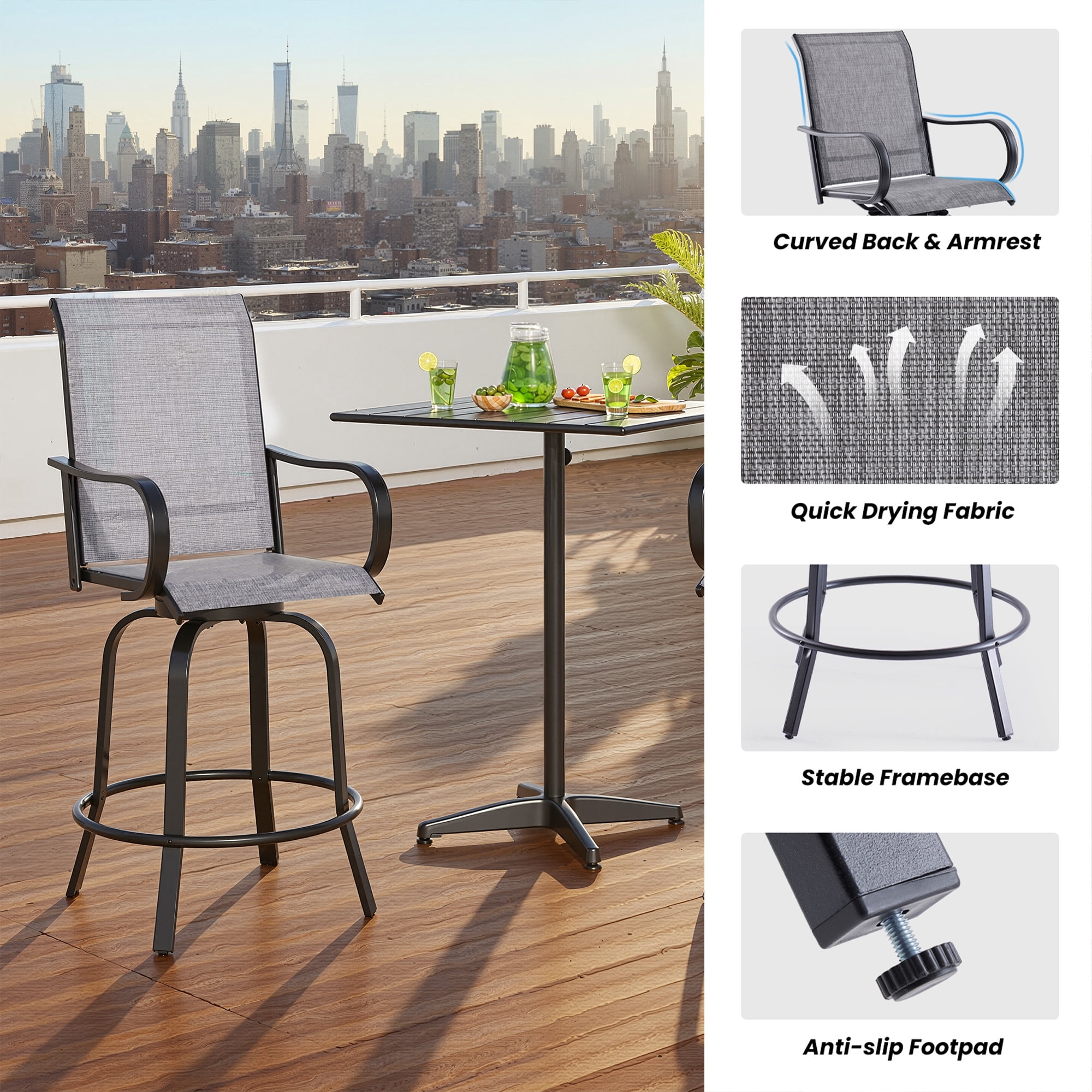MAYEERTY 4-Piece Outdoor Bar Height Tall Stools Set,Textilene,360°Swivel, Ergonomic for Balcony, Gray