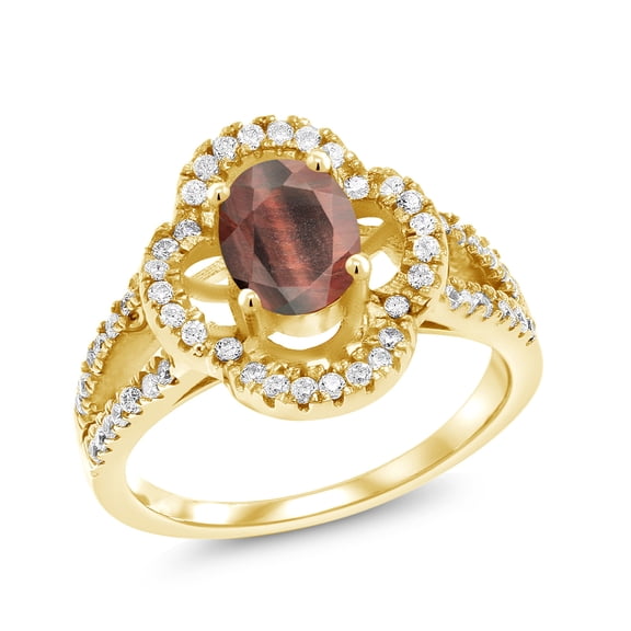 Gem Stone King 1.62 Ct Oval Red Tiger Eye 18K Yellow Gold Plated Silver Ring (Size 6)