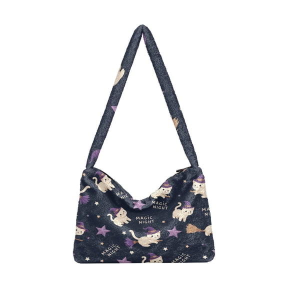 DIXRUYEE Halloween Cat Pattern Print Plush Shoulder Bag Soft Faux Fluffy Hobo Tote Bag With Zipper Closure Casual Lightweight Crossbody Handbag