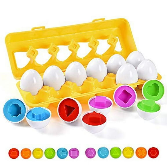 JUNBESTN Easter Eggs Toys Stocking Stuffer Gifts for 1 2 3 Years Old Toddler Baby Girls and Boys,Learning Educational Color Shape Matching Eggs 12 Pack for Kids(Color-Shape)