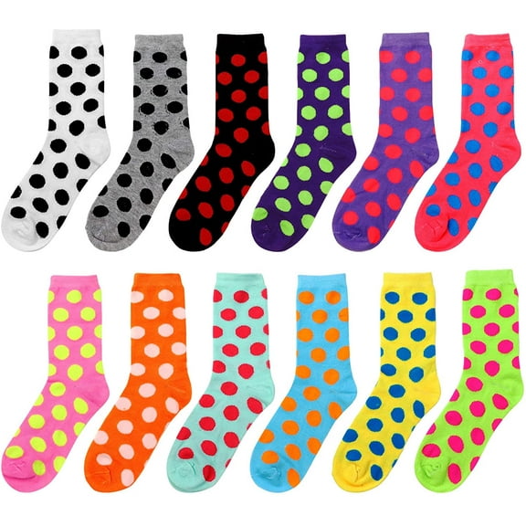 12 Pairs Women's Crew Socks Fancy Novelty Designed Size 9-11 Multicolor Assorted Polka Dots