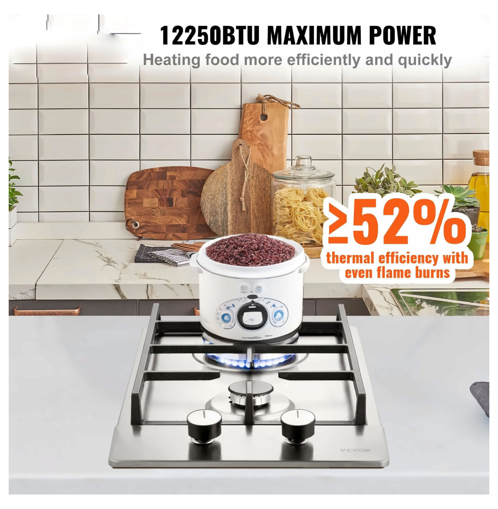 Gas Cooktop 12 Inch, 2 Burner Stainless Steel Stove Top - 12250BTU Dual Fuel Hob, LPG/NG Convertible, Thermocouple Safety