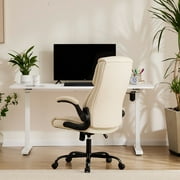 MCQ Office Chair,PU Leather Desk Chair with Lumbar Support, Wheels, and Flip-up Armrest, White