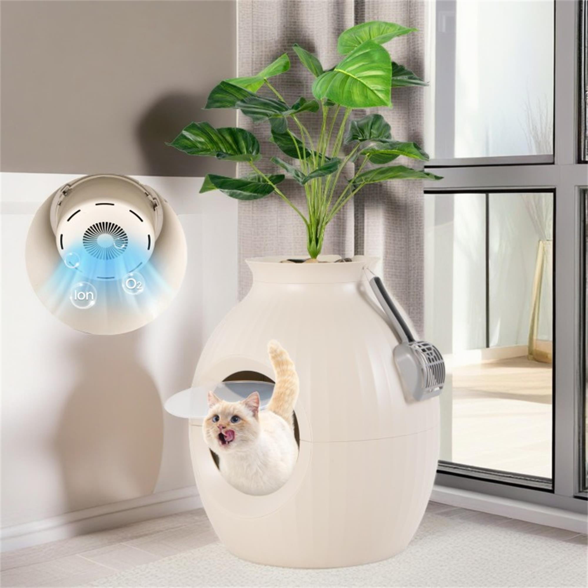 resenkos 70L Smart Plant Cat Litter Box Furniture, Hidden Cat Litter Box Enclosure with Electronic Odor Removal and Sterilization for Multi Cats, Beige