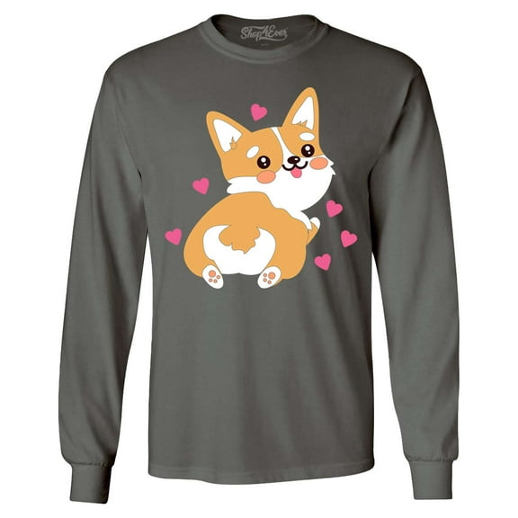 Shop4Ever Men's Cute Corgi Butt Dog Lover Long Sleeve Shirt Medium Charcoal