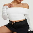 thumbnail image 3 of Folded Neckline Solid Color Cropped Tops with Ruched Long Sleeves for Women, 3 of 7