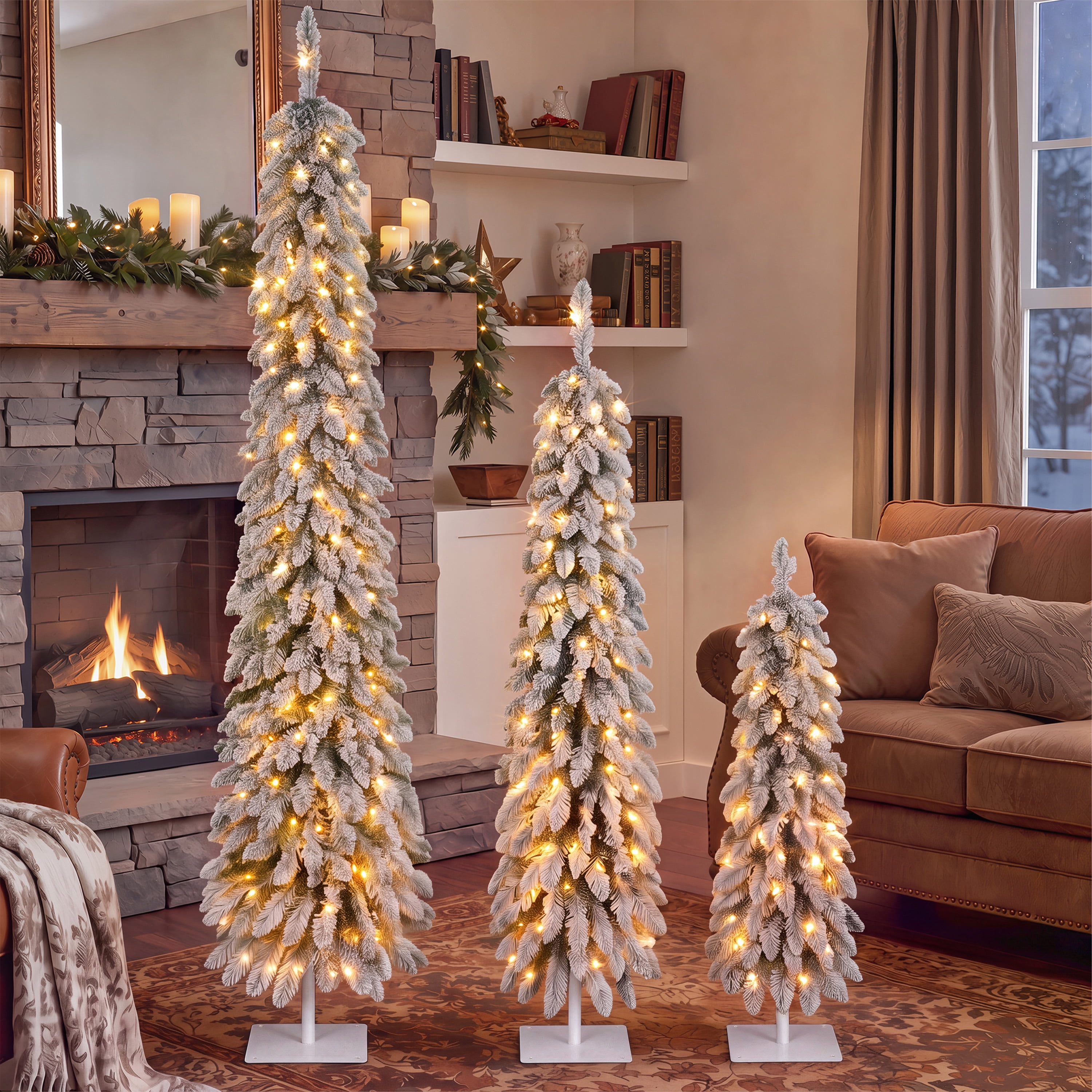 Set of 3 Snow Flocked Pre-Lit Pencil Christmas Tree, Slim Artificial Xmas Tree with Warm White LED Lights, Metal Base, Indoor Holiday Decor
