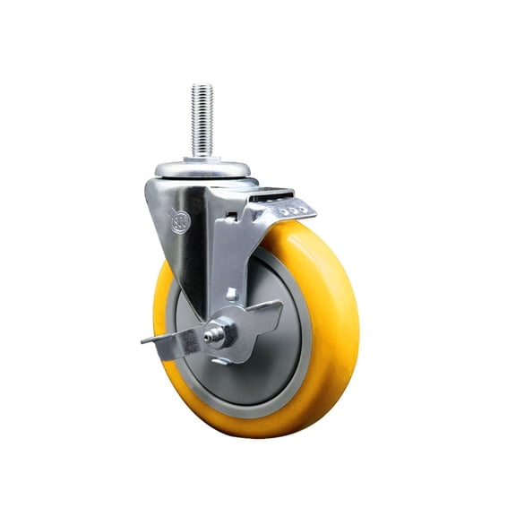 5 Inch Yellow Poly Wheel Swivel 5/8 Inch Threaded Stem Caster with Brake
