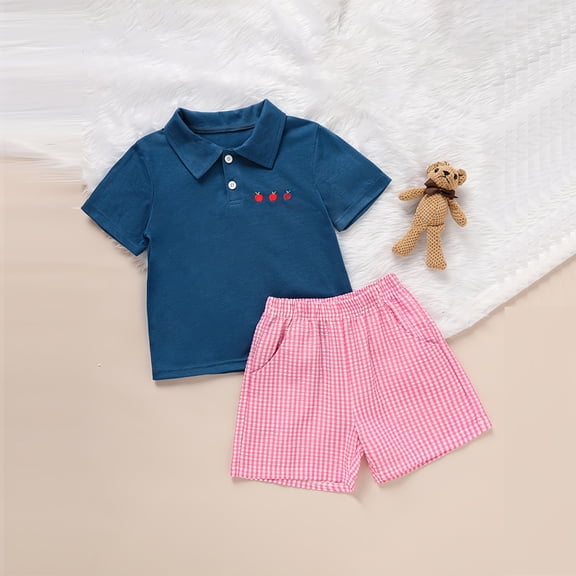 ZEHJUHAN Baby Boy Back to School Set Apple Embroidery Short Sleeve Lapel T-shirt Striped Shorts Outfit Blue,4Y