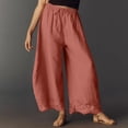 thumbnail image 3 of Women Cotton Lace Trim Wide Leg Pants Summer Casual Cropped Drawstring Elastic Waist Lightweight Trousers with Pockets, L, 3 of 7