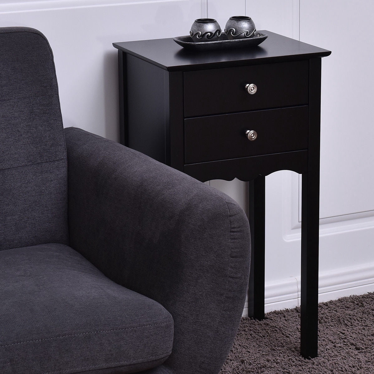 Gymax 2 PCS Side Table End Accent Table Night Stand W/ 2 Drawers Black