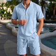 thumbnail image 6 of Uwinwear Men's Linen Casual 2 Piece Outfit Mock Neck Short Sleeve Shirt and Side Button Shorts Set Casual 2 Piece Summer Outfit,Blue,M, 6 of 6