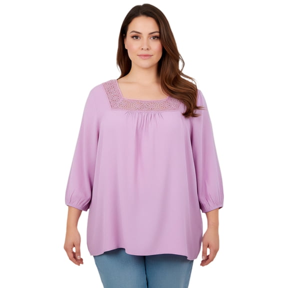 Avenue Women's Plus Size Lace Neckline Peasant Blouse