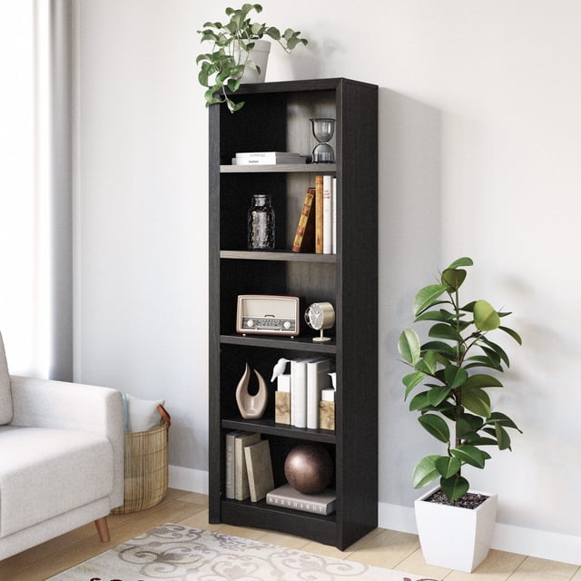 CorLiving Quadra Engineered Wood 5-Tier Shelf Standard Adult Bookcase with 4 Adjustable Shelves, Black