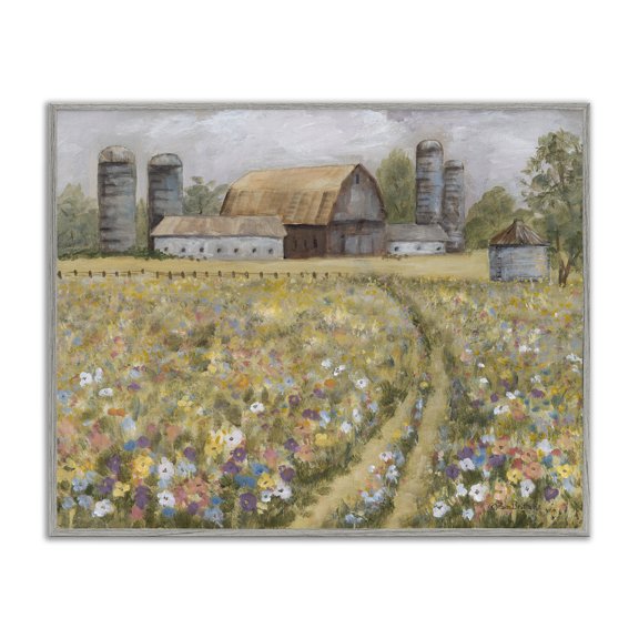 Stupell Industries Meadow Path to Barn Landscape Painting Gray Framed Art Print Wall Art, 20 x 16