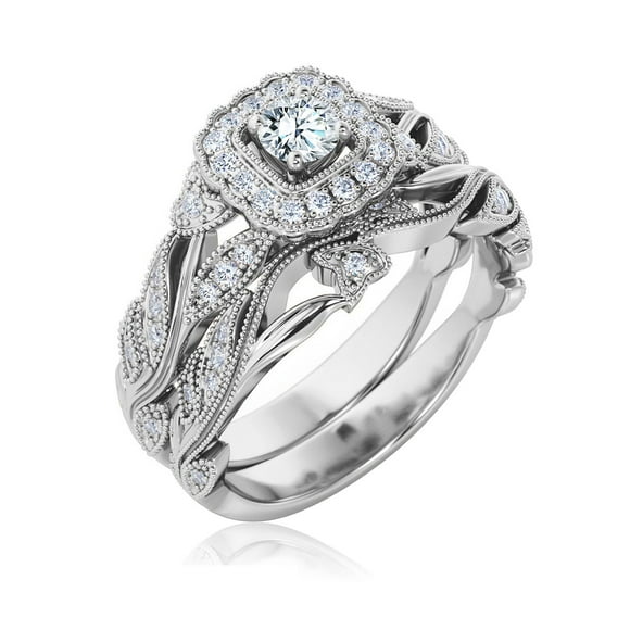 JeenMata 1 Carat Round Cut Lab Grown Diamond - Art Deco Style - Wedding Ring Set in 18K White Gold Plating for Women