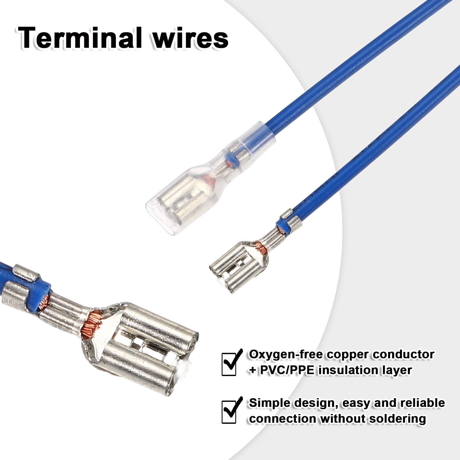 60 Pack Female Spade Crimp Terminal with Insulating Sleeve 4.8mm, Female Spade Quick Connector Assortment Kit with 20cm Wires, Flame Retardant Cover, Blue