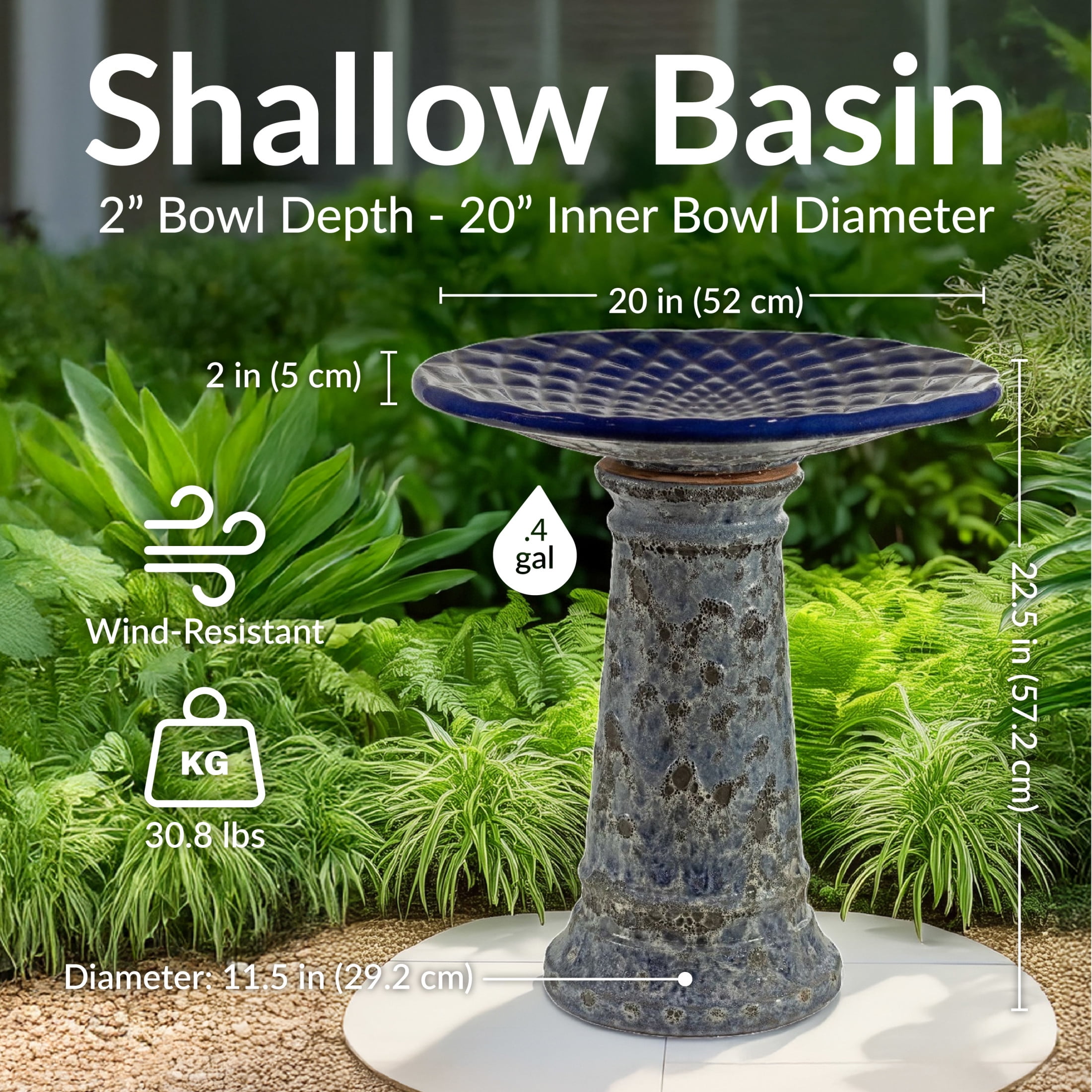 Sunnydaze Rennes Freestanding Ceramic Outdoor Bird Bath, UV-Resistant Blue Lava Finish
