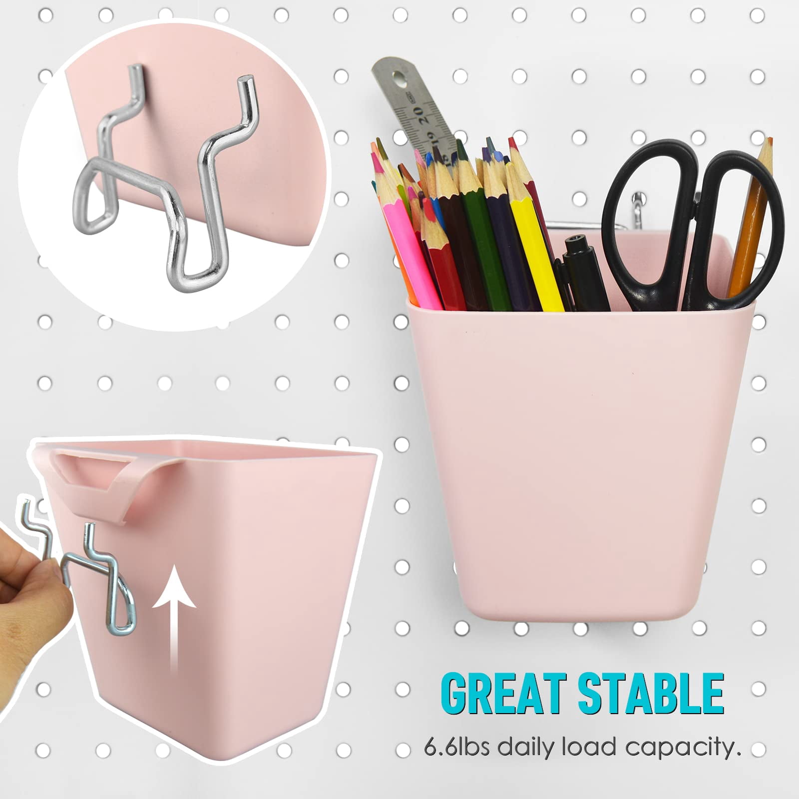 Large Pegboard Cups Peg Board Storage Bin 6 Pack With Hooks  Square Box Shape Cup Holder Accessories For Garage Workbench/craft Room/office/playroom/home Kitchen Organization (mixed)