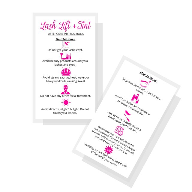 Tarjetas de instrucciones para el cuidado posterior del levantamiento de pestañas + tinte | Paquete de 50 | Tamaño de tarjeta de visita de 2 x 3,5 pulgadas | Kit de tinte y levantamiento de pestañas e