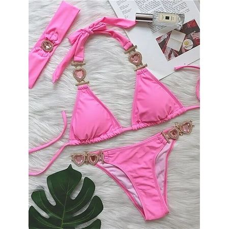 Sexy Rhinestones Bikini 2024 Mujer Women Solid Red Glitter Diamond Thong Swimwear Metal Chain Bathing Suit Band 3 Piece Swimsuit
