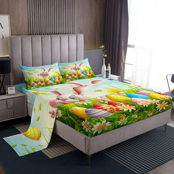 Erosebridal Rabbit Eggs Bed Sheets Twin For Kids,Happy Easter Bedding Sets Twin Size,Floral Room Decorative,Lightweight,3pcs