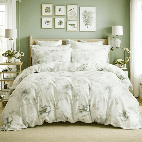 Floral Duvet Cover 100% Cotton Reversible Green Floral Duvet Cover Set with Zipper Closure 3 Pcs Green Leaf Soft & Breathable Bedding Comforter Cover