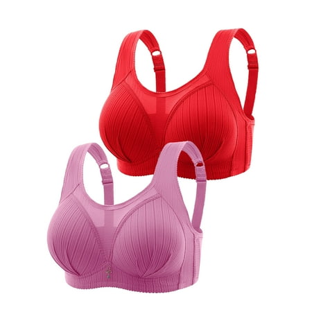 Crunowin Women s Plus Size Bra 2 Pack  Wire Free Comfort Solid Color Behind Buckle Breathable Lingerie Everyday Underwear Red M