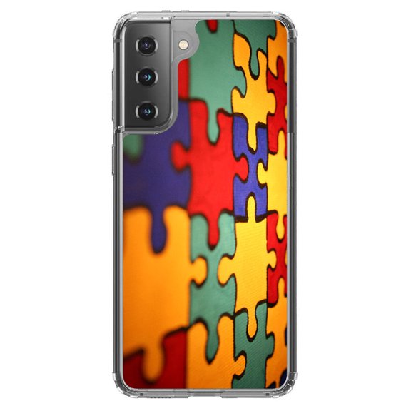 DistinctInk Clear Shockproof Hybrid Case for Galaxy S21 5G (6.2" Screen) - TPU Bumper, Acrylic Back, Tempered Glass Screen Protector - Red Blue Yellow Puzzle Pieces - Austism Awareness