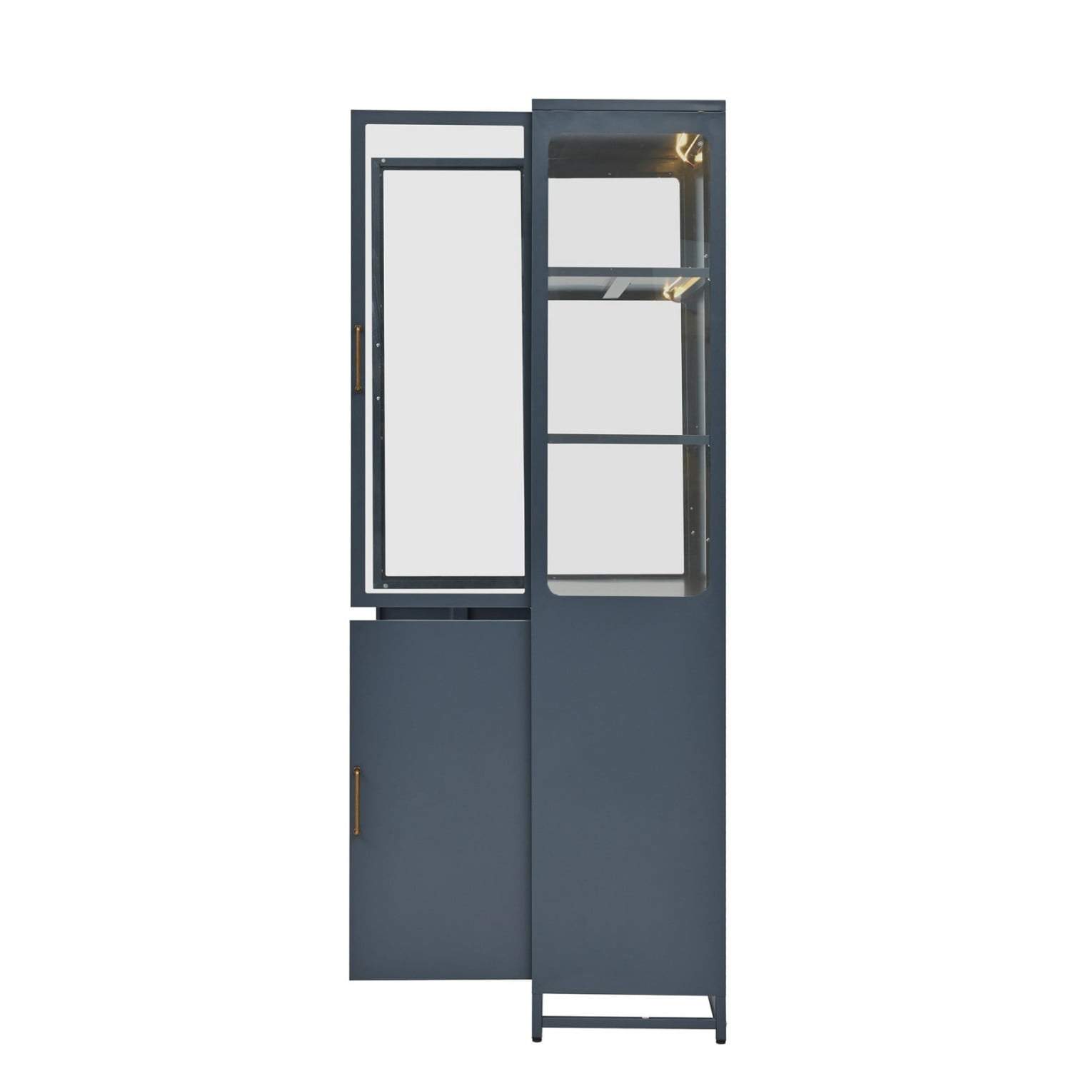 76.75" Tall Glass Display Cabinet with LED Lights, Steel Curio Cabinet with 3-Sided Glass, Double Door Storage Cabinet for Kitchen Living Room Office Pantry Home Decor, Dark Blue