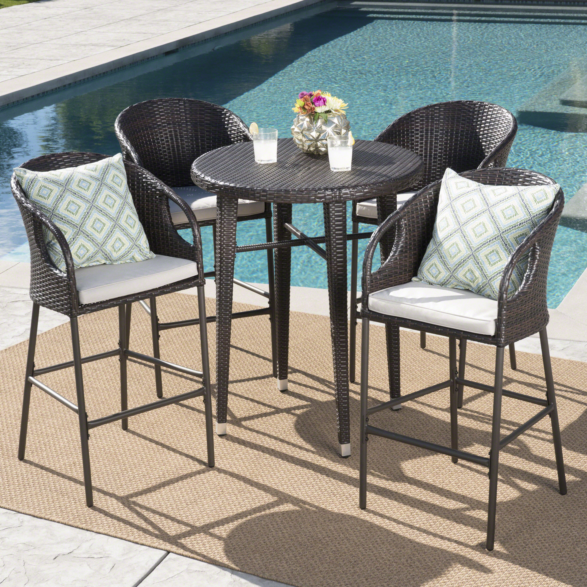 GDF Studio Breakwater Outdoor Wicker 5 Piece Bar Set with Cushion, Multibrown and Light Brown - image 2 of 13