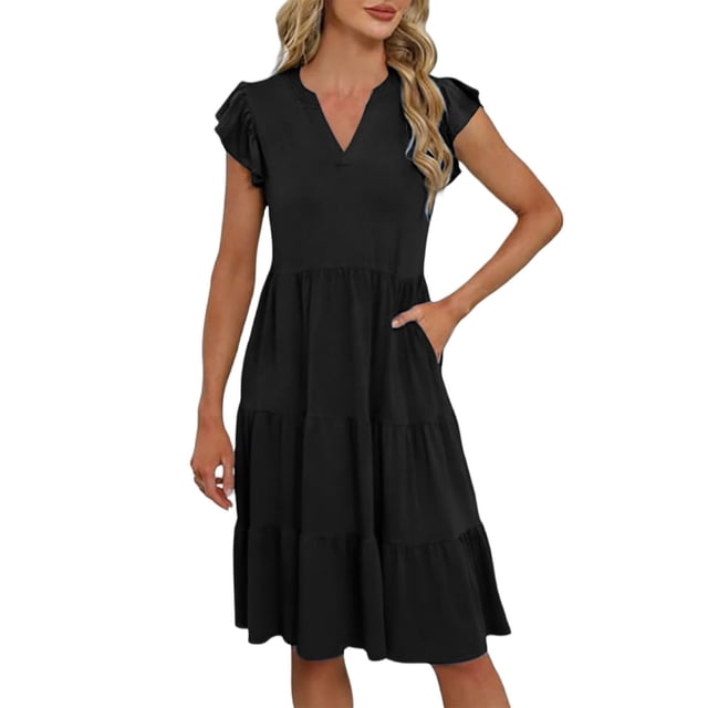 Daiosportswear Robe d'Été à Col en V pour Femmes, Manches à Volants, Longueur Mi-Longue, Grande Poche, Robe à Manches Courtes Noire m(m)