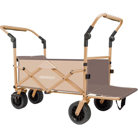 Whitsunday Collapsible Folding Beach Wagon Cart, Foldable Double Push Bar Wagon with Tailgate, 360° Rotating Wheels Heavy Duty Utility Camping Grocery Wagon with Wheels and Brakes Garden Sport Khaki