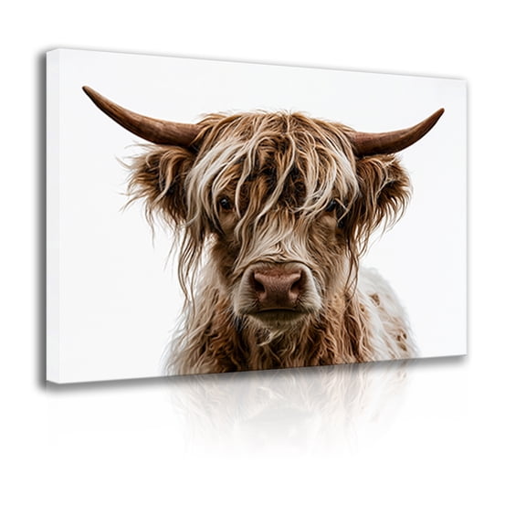 Portrait Highland bull canvas printed wall decoration frame, fluffy Highland bull art, modern farmhouse animal poster, suitable for living room and bedroom decoration.