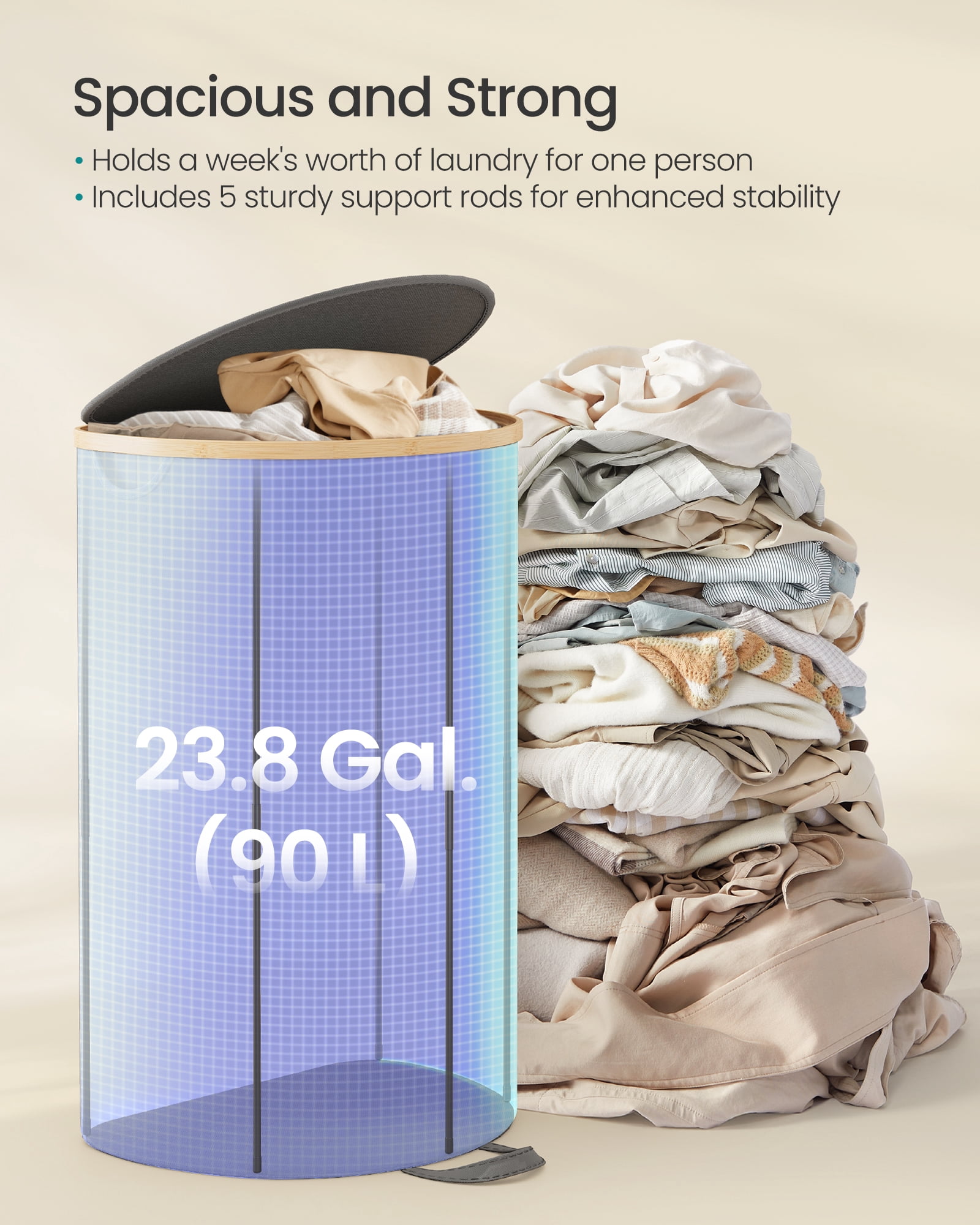 SONGMICS Laundry Hamper, Laundry Basket with Lid, 23.8 Gal. (90 L), with Removable Liner Bag, for Laundry Room, Bedroom, Living Room, Slate Gray
