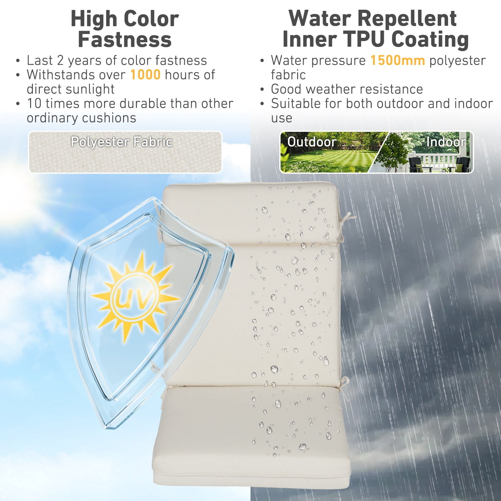 BPS Outdoor High Back Dining Chair Cushion Set, 44"x21"x3.2", TPU Water Repellent Coating&Stain Resistant, Polyester Fabric Cover with Ties and Zipper, Ivory, Set of 4