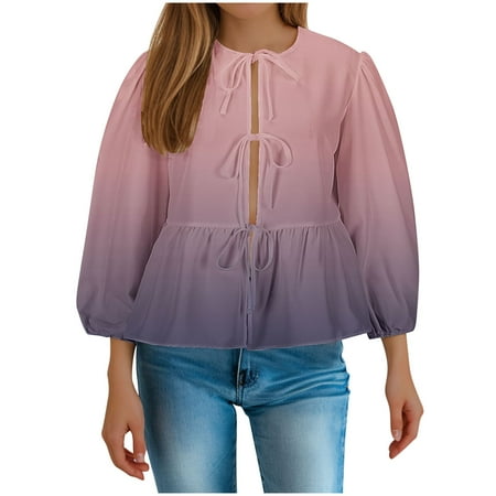 BUIgtTklOP no boundaries Womens Tie Bow Front Peplum Tops Babydoll Long Sleeve Summer Stripe Ruffle Blouse Lace Up Plus Size Shirts