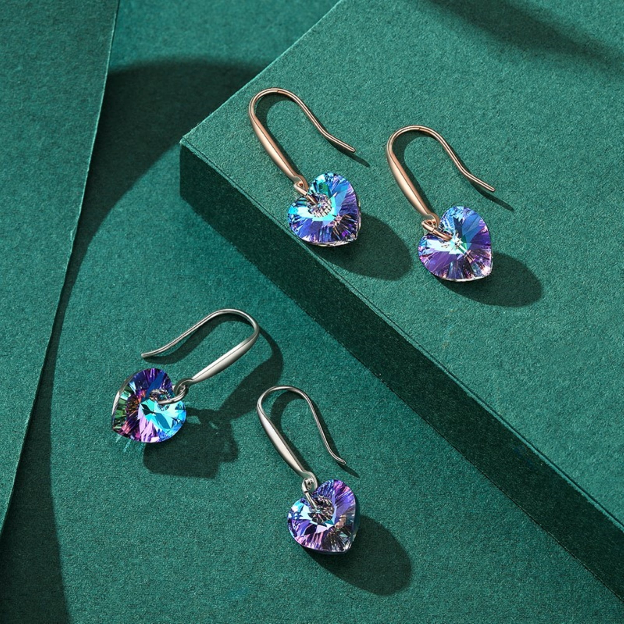 Bellitia Jewelry Crystal Heart Shape Drop Dangle Earrings for Women, Rose Gold/White Gold Plated 925 Sterling Silver Hook Hypoallergenic Jewelry
