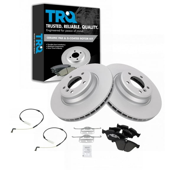TRQ Front Brake Pad & Rotor Kit Brake Pad Wear Sensor Brake Pads Brake Rotor Ceramic Premium G-Coated Fits Select 2009-2010 BMW 335d 2007-2010 335i 2010-2013 335i xDrive