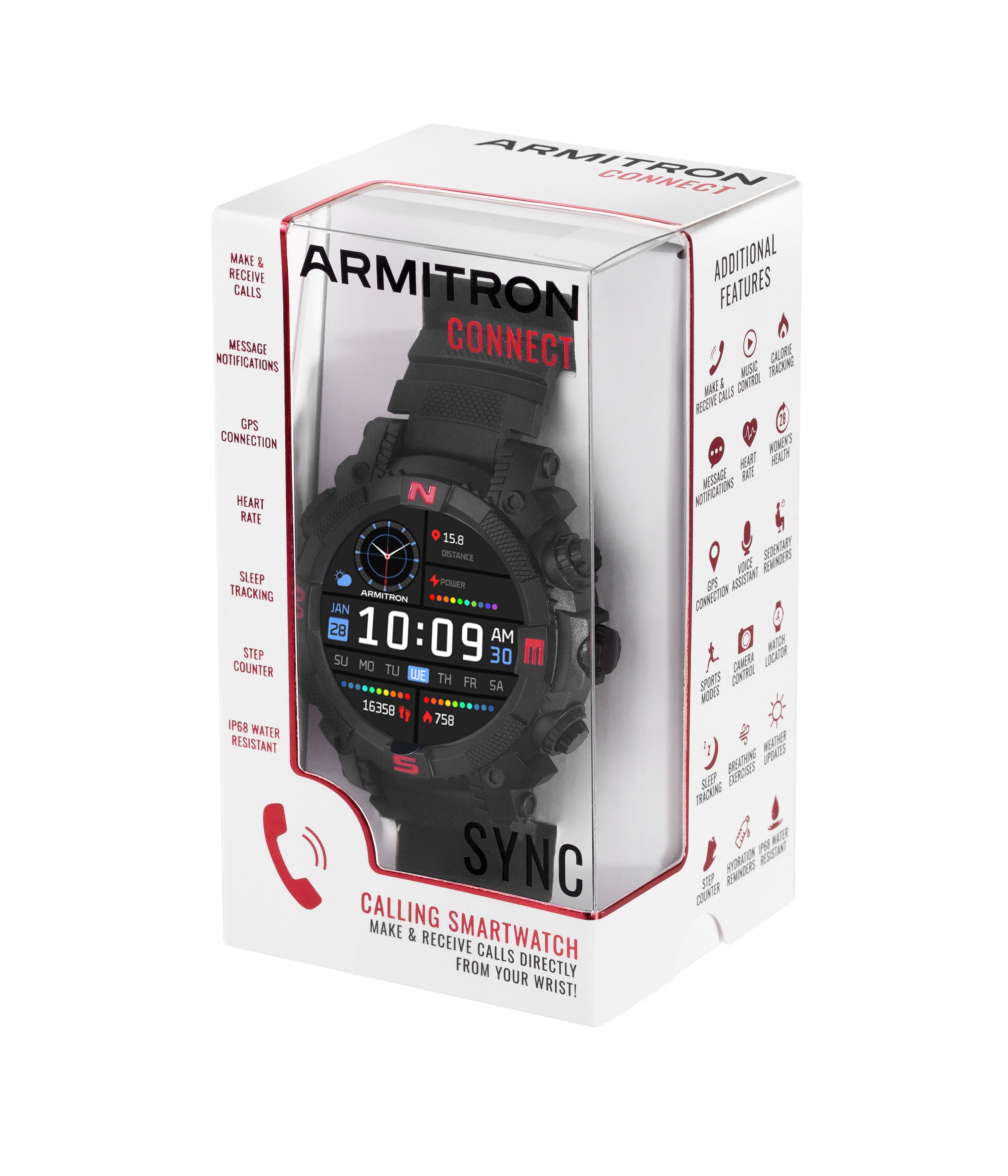Armitron Sync Adult 53mm w/Voice Assistant & Backlight Smart Watch w/Charging Cable & Watch Band, Black