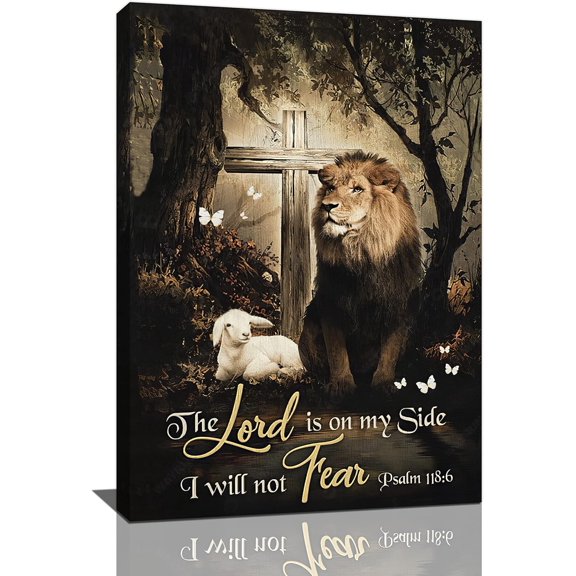 Lion lamb Wall Art Cross Lion of Judah Pictures Wall Decor Christian Bible verse Canvas Painting Art, Dining Room Wall Decor Ideas, Art Deco Frameless 20x30inch
