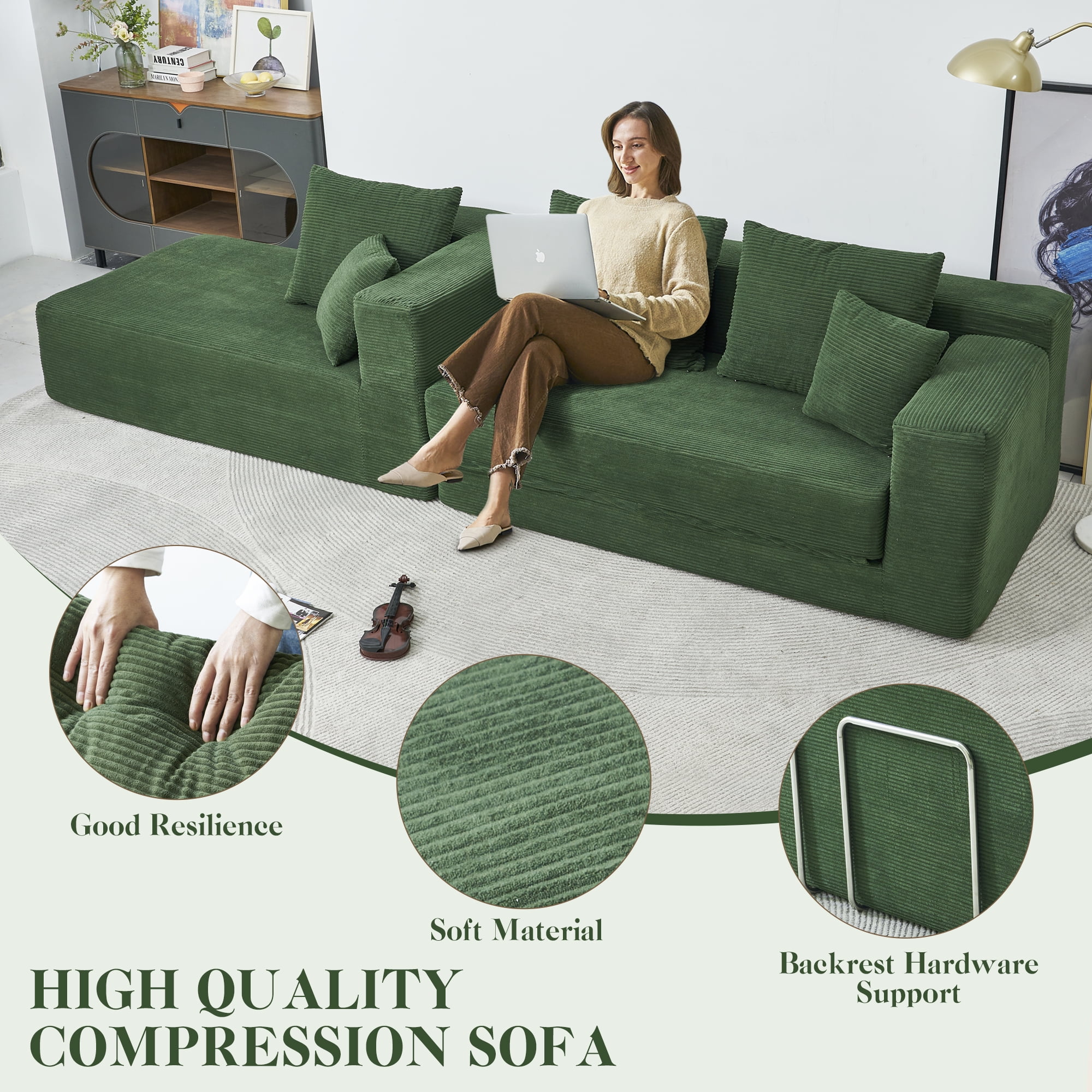 106.5” Sectional Sofa, YINIX 3 Seater L-Shaped Sofa with Chaise for Living Room, Green