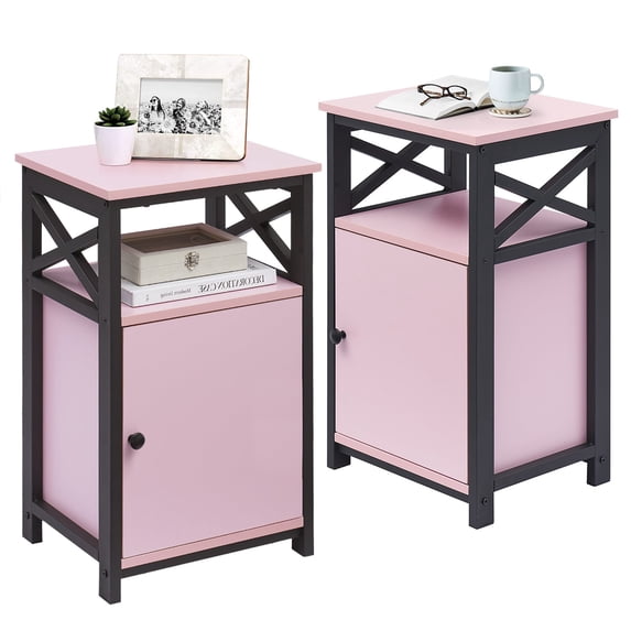 VECELO Set of 2 Nightstand with Cabinet, Bedside End Table for Living Room, Bedroom, Office, Pink