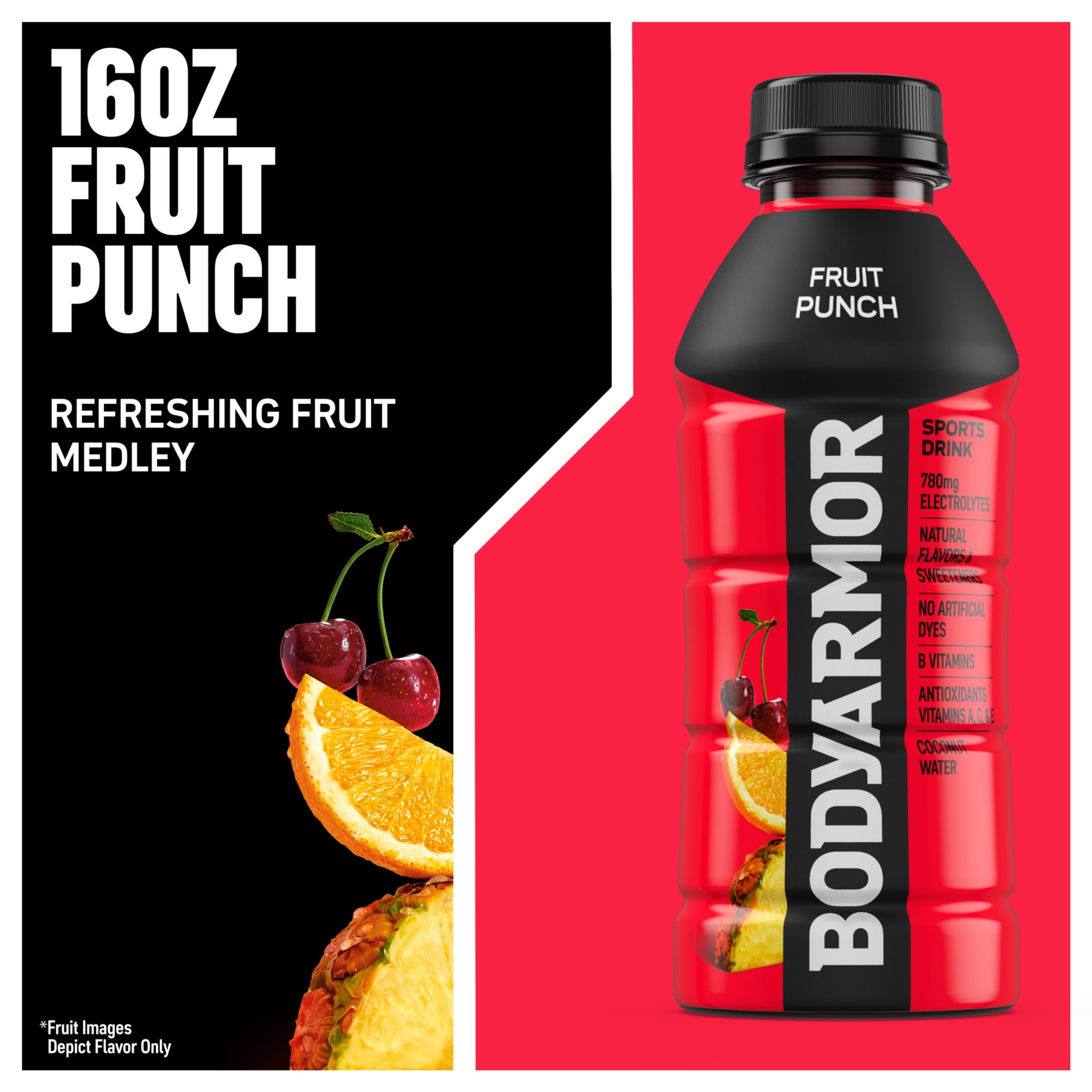 BODYARMOR Fruit Punch Electrolyte Sports Drink Bottles, 16 fl oz, 12 Pack