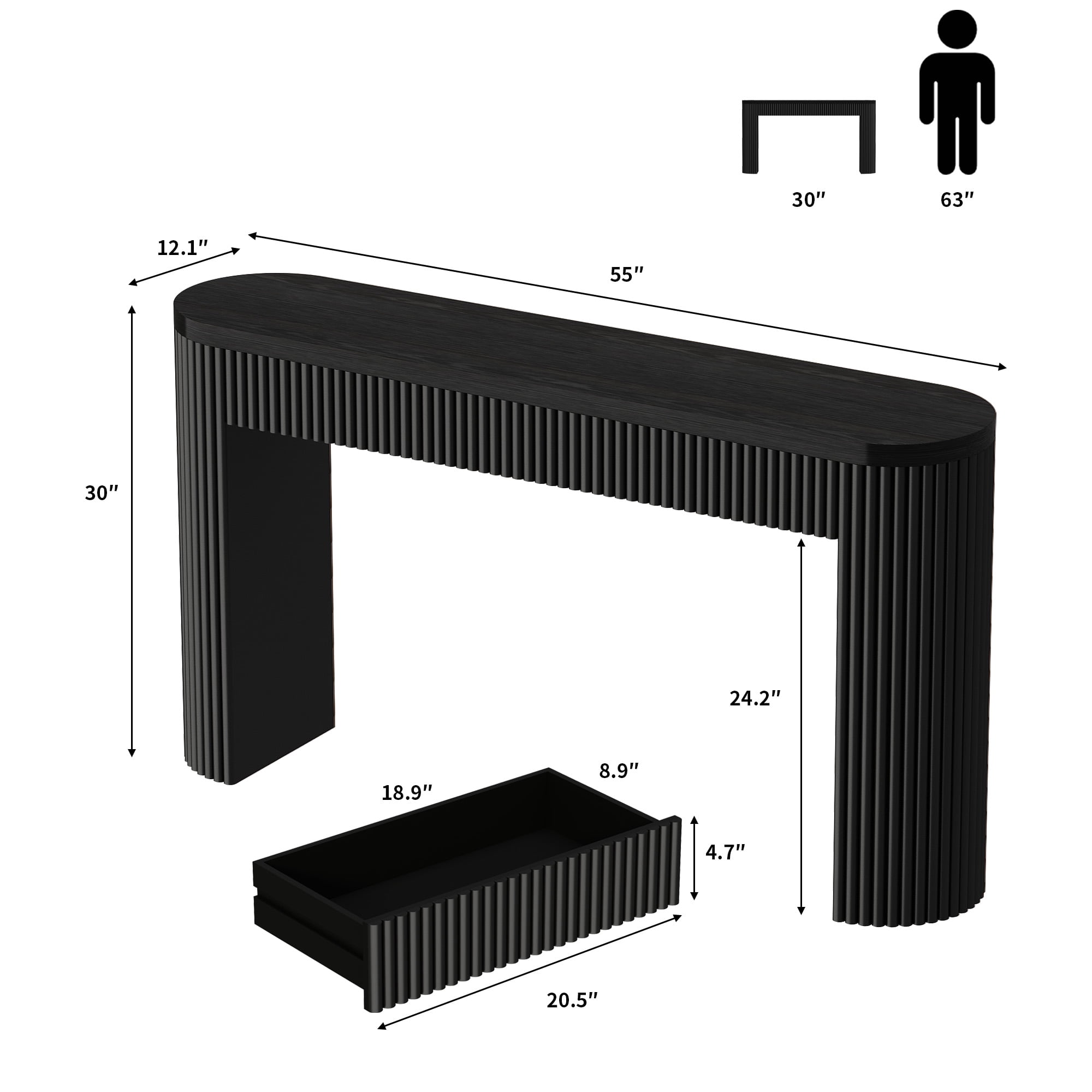 55'' Fluted Wood Console Table with Drawer, Narrow Entryway Table Behind Couch for Living Room Hallway,Black