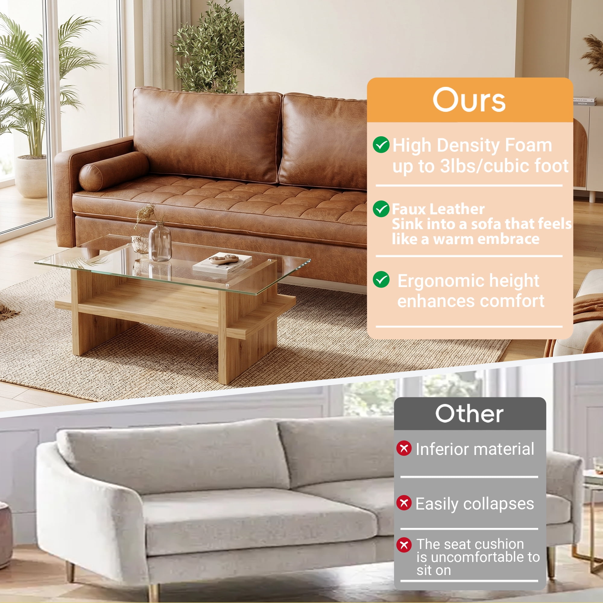 Koby Home Faux Leather Sofa, Mid-Century 70" 3 Seater Couches Camel Brown