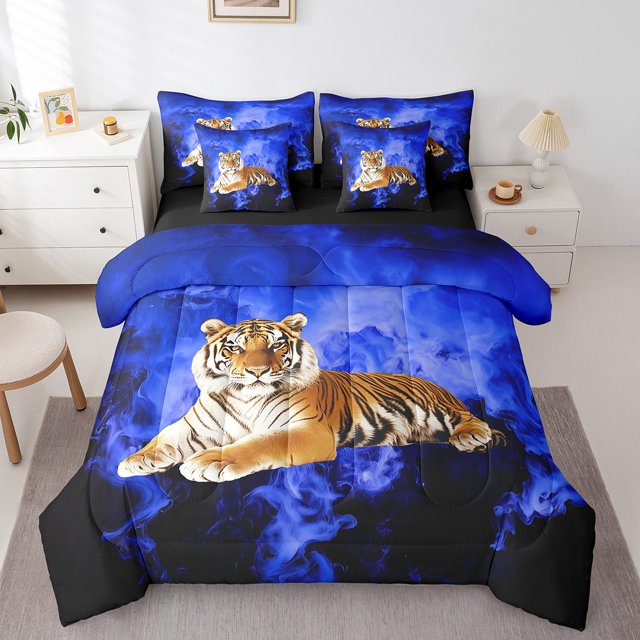 Erosebridal Ensemble de Literie Tigre Tout-en-un Format Simple pour Ados, Ensemble de Lit Faune Forestière, Literie Réversible Aquarelle Bleue Format Simple, Décoration de Chambre en Microfibre, 7 Pcs