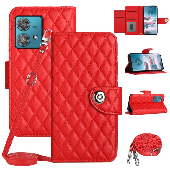 SaniMore Case for Motorola Edge 40 Neo, PU Leather 3D Lattice Stylish for Girls Crossbody Lanyard Flip Kickstand Card Slots Cash Pocket Magnetic Clasp Full Protective Shockproof Wallet Shell, Red